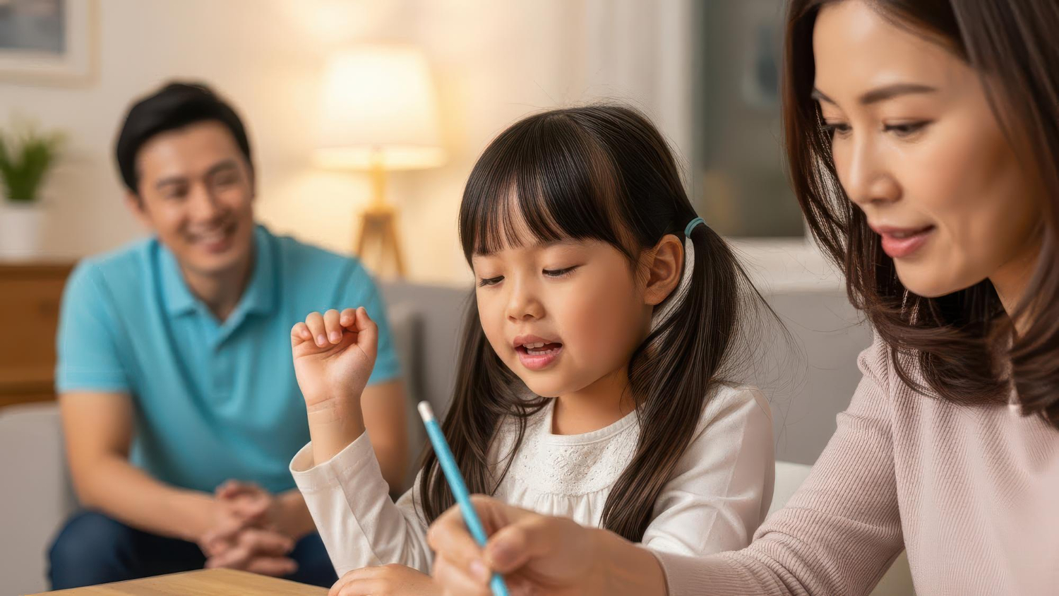 Girl draws with a blue pencil as her mother helps nearby; father smiles in the background in a cozy living room.